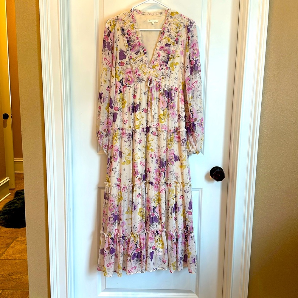 Women’s Floral Maxi Dress Fall Beige Purple Long Sleeve Flowy Size Small